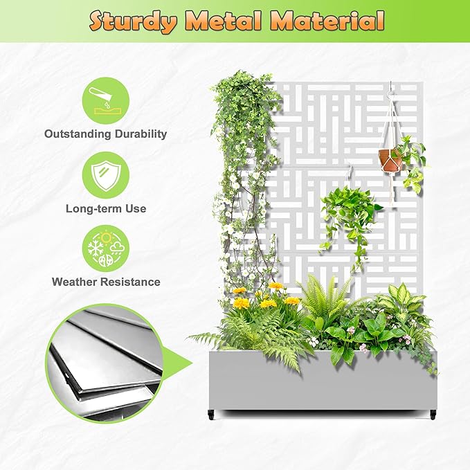 Metal Raised Garden Bed with Trellis 2-in-1 Planter Box &amp Privacy Screen for Climbing Plants Outdoor Standing Flower Bed with Drainage Holes 47.2 L x 16.7 W x 70.8 H White-Helen