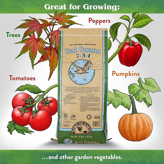 Down To Earth All Natural Fertilizers Organic Bat Guano - High Nitrogen Plant Food for Vegetative Growth 7-3-1 10 Lb