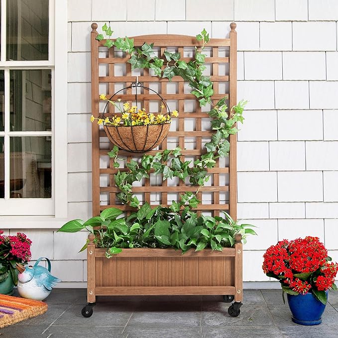 Yaheetech 2pcs 50 H Raised Garden Bed with Trellis &amp Wheels Standing Vertical Horticulture Planter Box for Vine Climbing Plants Flowers Herbs Brown