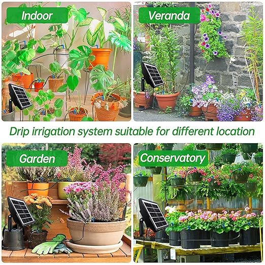 Solar Powered Spray Irrigation System Kit Flexible Watering Schedule Solar Auto Irrigation System with 2200mAh Battery IP67 Water Proof 10m Hose15 Flower Pots for Garden Lawn