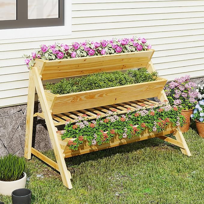 3-Tier Raised Garden Bed Elevated Gardening Bed w/2 Side Hooks Storage Shelf Bed Liner Garden Planter for Flowers Vegetables Herbs Pine Wood Planter Box for Patio Balcony Porch