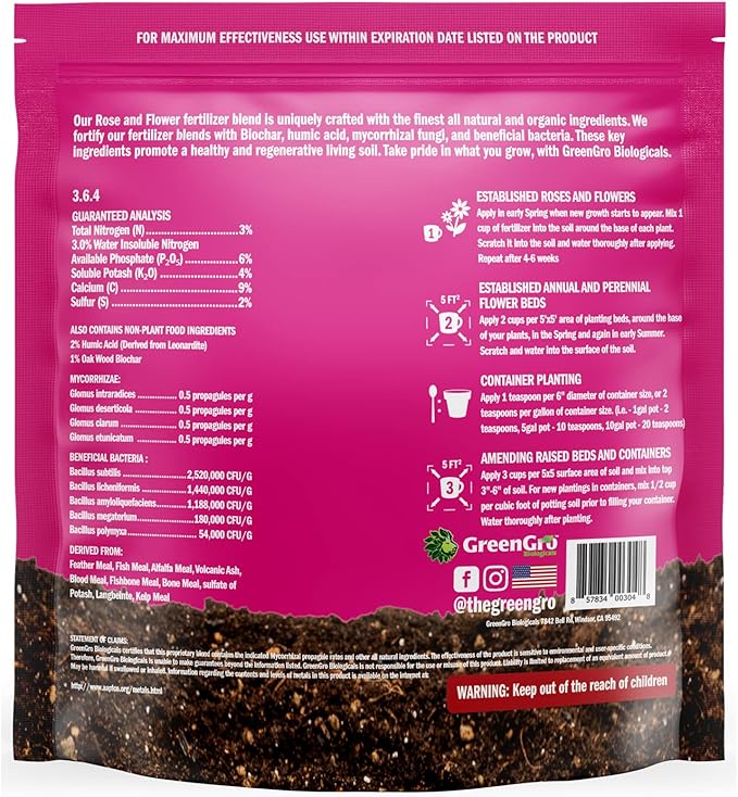 GreenGro Rose &amp Flower Fertilizer - Outdoor &amp Indoor Plant Food for Bigger Blooms/Organic Fertilizer &amp Flower Food for Roses Orchids Tulips Marigolds &amp More/Essential Plant Nutrien