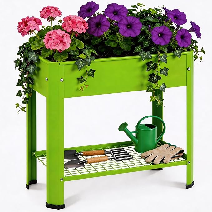 Raised Garden Bed with Legs 32×14×32 in Metal Elevated Raised Planter Box with Storage Rack &amp Drainage Holes for Backyard Patio Balcony 200 lb Capacity - Green