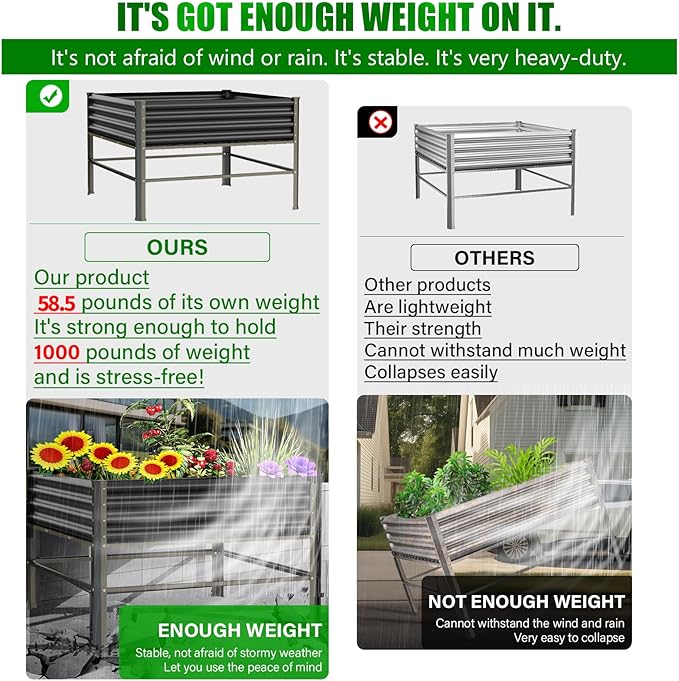 Raised Garden Bed with Legs 48×48×32in Large Metal Elevated Raised Planter Box1000lb Capacity with Drainage Holes for Vegetables Lawn Green Flowers Fruits Terrace