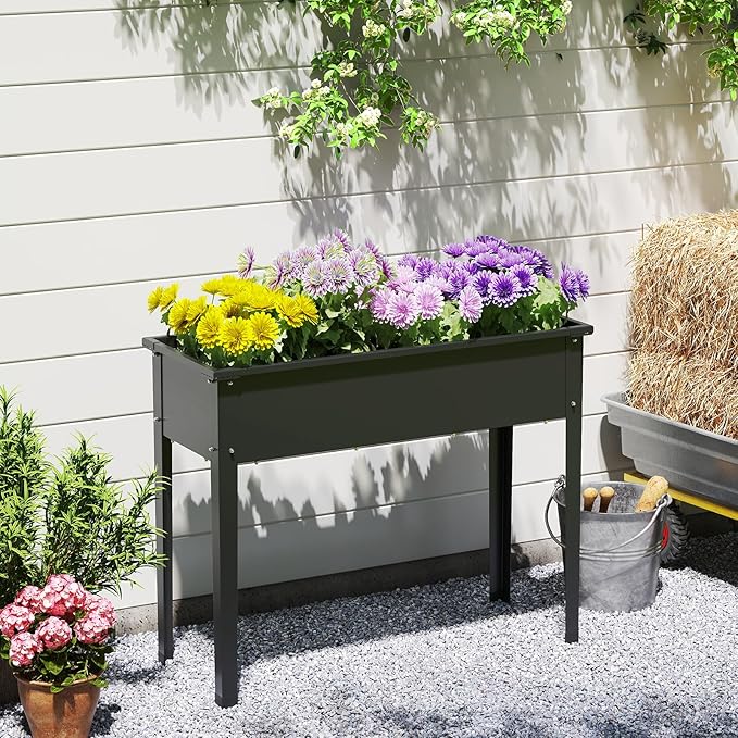 HAPPYGRILL Raised Garden Bed Metal Elevated Planter Box w/Legs Drainage Holes for Growing Vegetables Fruits Flowers Indoor Outdoor Standing Plant Container for Backyard Patio (Black 40”x16”x32”)