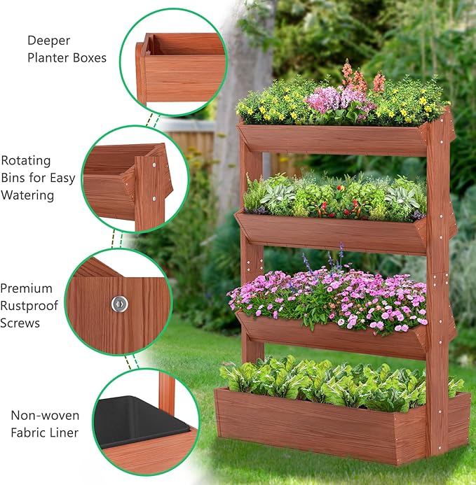 DoCred Vertical Wooden Raised Garden Bed 4 Tier Garden Planters Freestanding Wood Plant Stand Flower Rack Wooden Planter Box for Plants Herbs Flowers Vegetables Outdoor Indoor Gardening
