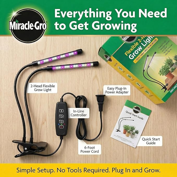 Miracle-Gro Grow Light for Indoor Plants - 10W LED Flexible 2-Head Selectable Spectrum for Indoor Plants Seeds Herbs Flowers Plug-in Anywhere for Any Plant