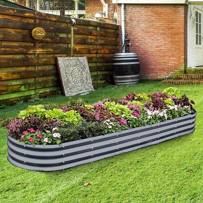 Land Guard 8×2×1ft Galvanized Raised Garden Bed Kit 108 Gallon Capacity Raised Garden Boxes Outdoor Oval Metal Raised Garden Beds for Vegetables Modern Grey(with 10 Connecting rods)