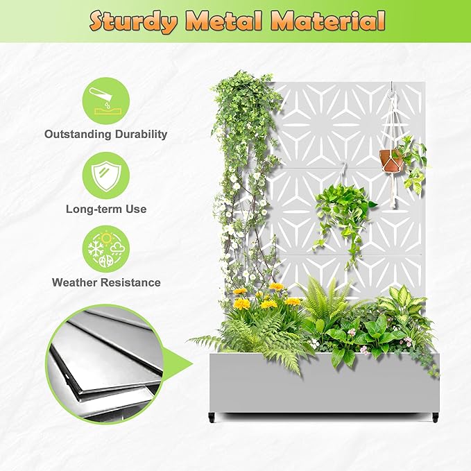 Metal Raised Garden Bed with Trellis 2 in 1 Trellis with Planter Box &amp Privacy Screen for Climbing Plants Vine Outdoor Standing Flower Beds with Drainage Holes47.2L x 16.7W x 70.8H(White-S