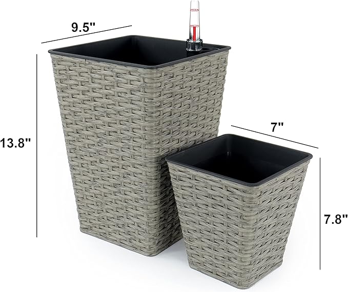 2 Pack Smart Self Watering Square Planter for Indoor and Outdoor Hand Woven Wicker Gray
