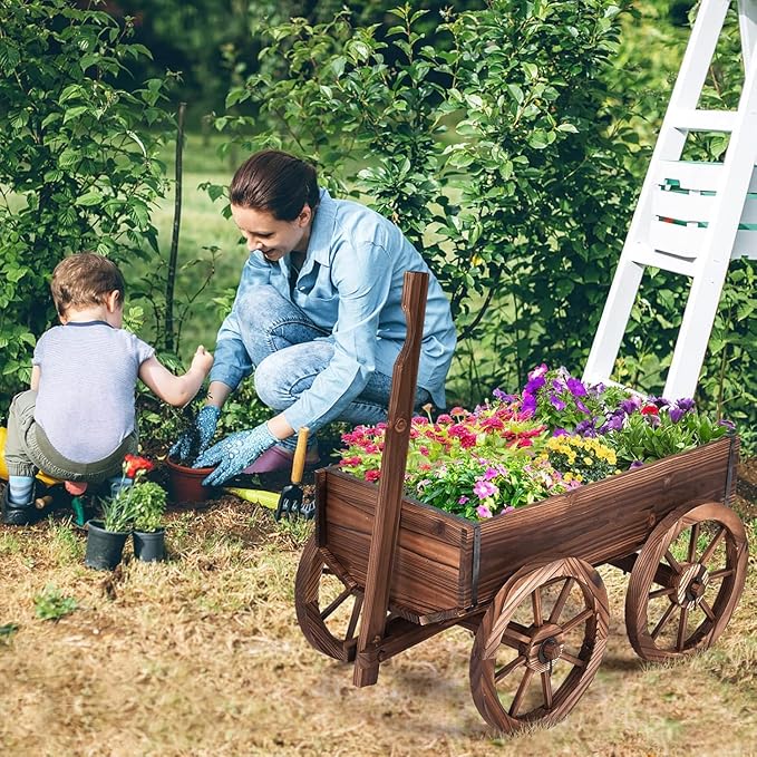 COSTWAY Wood Wagon Flower Planter Pot Stand with Wheels for Home Garden Indoor Outdoor Decor