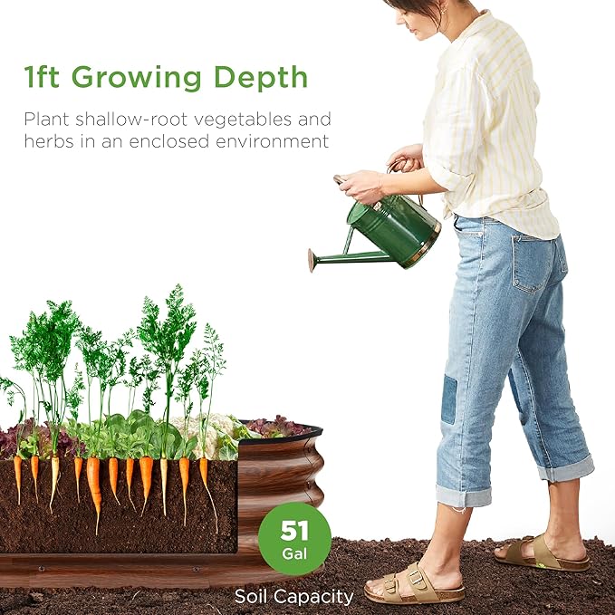 Best Choice Products 4x2x1ft Outdoor Metal Raised Garden Bed Oval Deep Root Planter Box for Vegetables Flowers Herbs and Succulents w/ 51 Gallon Capacity Rubber Edge Guard - Wood Grain