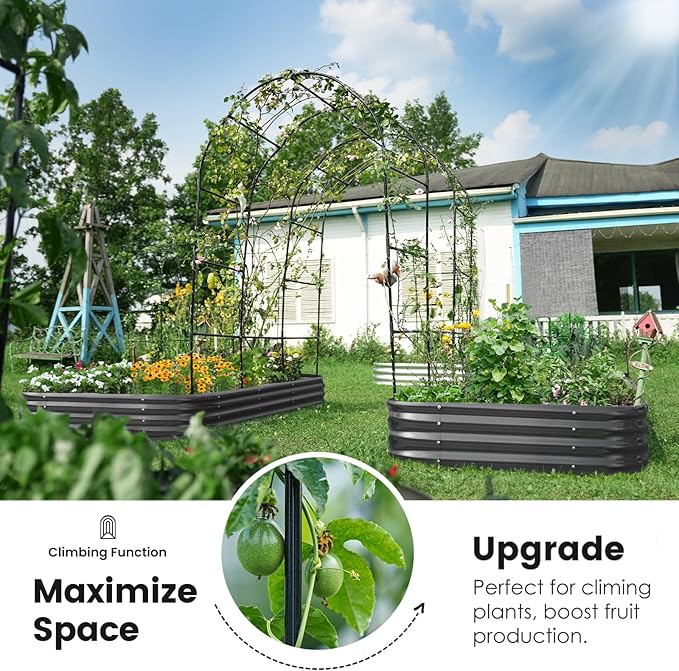 KING BIRD Raised Garden Bed with Arched Trellis Galvanized Planter Garden Box Outdoor for Gardening Climbing Vegetables Flowers 7.87x3.94x0.98 Ft 2PCS Dark Grey