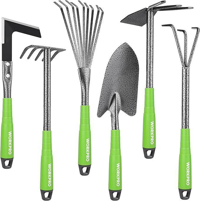 WORKPRO 6-Piece Garden Tool Set Heavy Duty Gardening Hand Tools with Soft Rubber Handle Including Trowel Rakes 2-in-1 Hoe and Crack Weeder Ideal Gardening Gifts for Men and Women