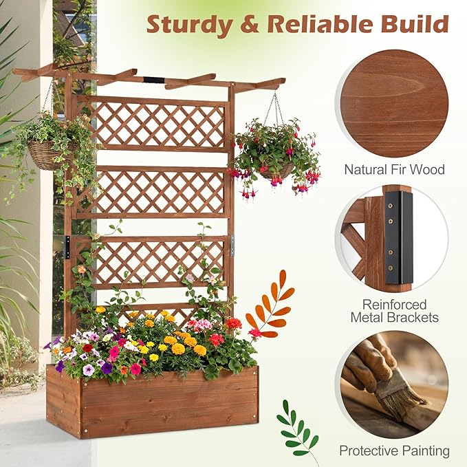 Giantex Raised Garden Bed with Trellis 72'' Wooden Planter Box Outdoor w/Privacy Screen Roof Large Vertical Garden Planter w/Drainage Holes for Climbing Plants Patio Balcony Backyard