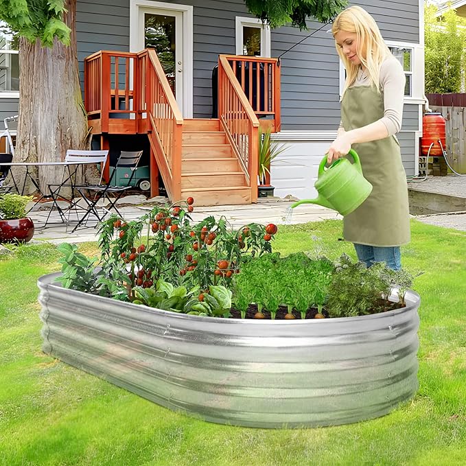HKLGorg Galvanized Raised Garden Bed 6 x 3 x 1ft Galvanized Metal Planter Box Oval Large Raised Garden Beds for Flowers Vegetables and Fruits Rustproof Planter Box with No Bottom Silver