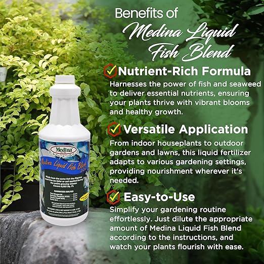 Medina Liquid Fish Blend Quart - 2-3-2 Fertilizer for GRO Bloom and Lush Gardens - Seaweed Enriched Plant Food for Vibrant Growth and Blooms - Available in 1 Qt.