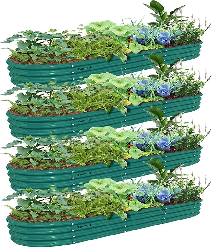4 Pack 12x2x1FT Galvanized Raised Garden Bed Kit Oval Metal Ground Planter Box Outdoor Bottomless Planter Raised Beds for Vegetables Flowers Herbs Fruits Green