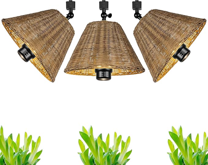 Adjustable Gimbaled Full Spectrum 10W LED Plant Grow Spotlight for H-Type Track 4500K Focusing Indoor Planting Boho Brown Twine Natural Rattan Cone Cover for Green House Customizable
