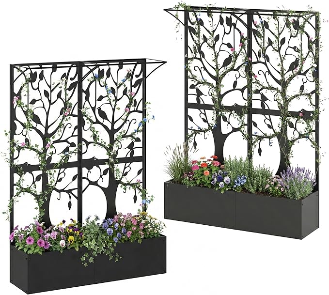 Metal Planter Box with Trellis Set of 2 Outdoor Privacy Planters for Patio Tall Raised Garden Bed for Climbing Plants Vegetables Fruits Balcony Outside 62.4 x 12.2 x 44.6 Inch 2PCS Black