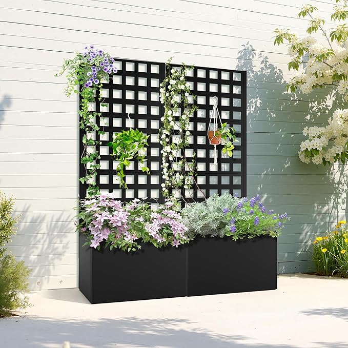 Metal Planter Box with Trellis Raised Garden Bed with Privacy Screen Outdoor Standing Flower Beds with Drainage Hole for Climbing Plants Vine 23 L x 12 W x 63 H Black