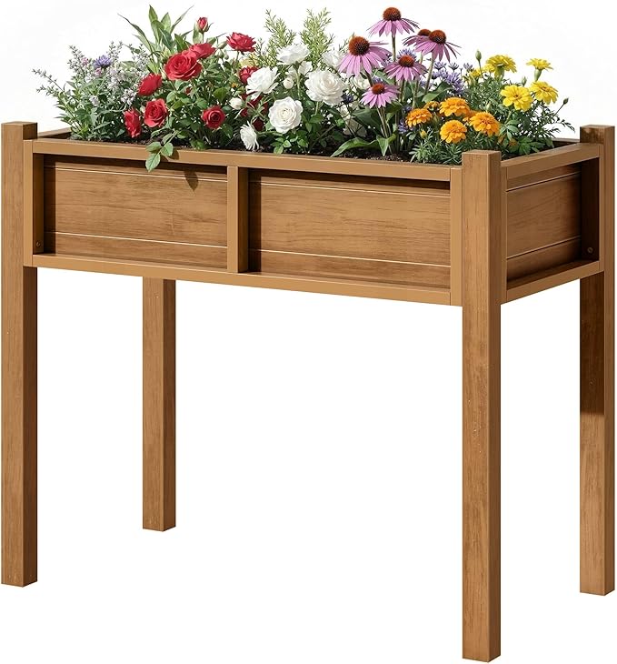 YITAHOME Elevated Garden Bed HDPE Raised Garden Bed with Legs &amp Drainage Hole Poly-Wood Weatherproof Elevated Planter Box Patio Planters for Vegetables Flowers Plant Bed for Garden Teak