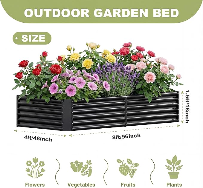 AHEONLAR 2 Pack 8×4×1.5ft Galvanized Raised Garden Beds Outdoor Rectangle Sturdy and Durable Planter Boxes for Vegetables Fruits Flowers and Plants Easy Assembly Black