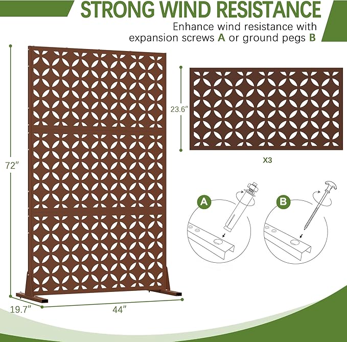 Metal Privacy Screen Outdoor 72 H×44 W -Brown Freestanding Outdoor Privacy Panels with Stand Decorative Fence for Patio Deck Balcony（Clover）
