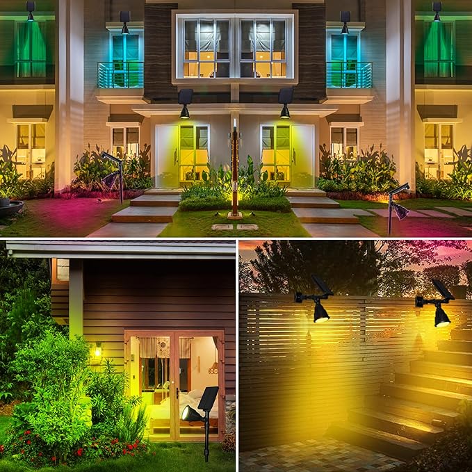 Solar Outdoor Spotlights - 18 LED 600 Lumens Waterproof 7 Colors Adjustable for Year Round Patio Garden and Landscape Festive Lighting (2 Pack)
