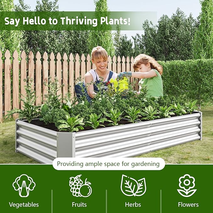 Metal Raised Garden Bed Outdoor Galvanized Raised Garden Bed 6×3×1ft Rectangle Planter Raised Beds Raised Planter Box for Gardening Vegetables and Flowers Silver