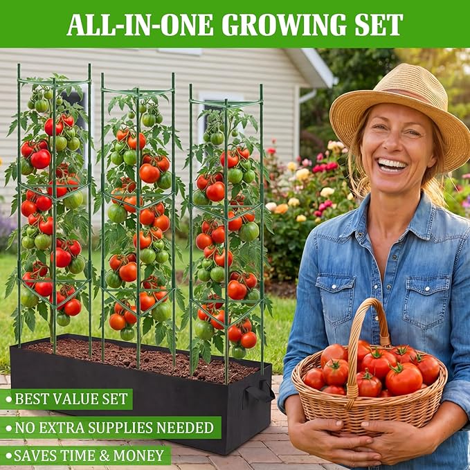 3-Pack Tomato Cage with 57 Gallon Raised Garden Bed - Anti Collapse Steel Core Plant Support System for Climbing Vegetables Plants Flowers 48 Adjustable Vertical Tomato Trellis for Garden Balcony