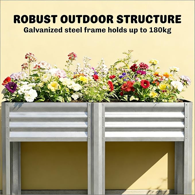 Elevated Outdoor Raised Garden Bed with Legs - 39.6-Gallon Galvanized Steel Planter Box for Patio Herbs Vegetables &amp Flowers - Ergonomic Height 33lb Storage Shelf (Silver)