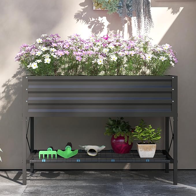 Outsunny Raised Garden Bed with Galvanized Steel Frame Storage Shelf and Bed Liner Elevated Planter Box with Legs for Vegetables Flowers Herbs Dark Gray