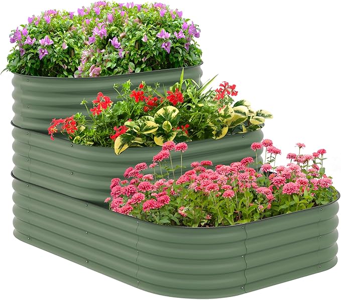 3-Tier Galvanized Steel Raised Garden Bed Kit 62.25 x 43 x 32.25 3 Combining Planter Boxes with Rubber Strip Edging Open Bottom for Backyard Garden Patio Green