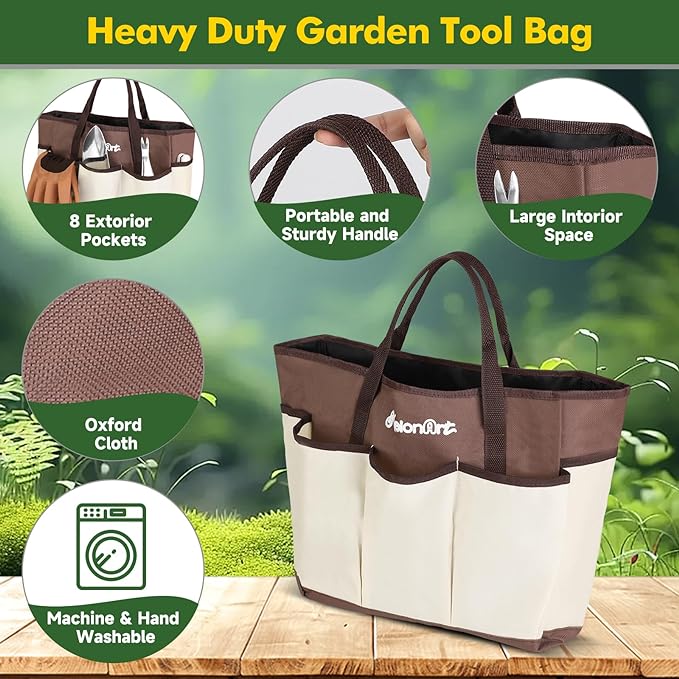 MelonArt Garden Tool Set10 Pcs Heavy Duty Gardening Hand Tool Kit for Women Aluminum with Non Slip Ergonomic Handle Storage Tote Bag and Gardening Gloves Ideal Gifts for Women and Men