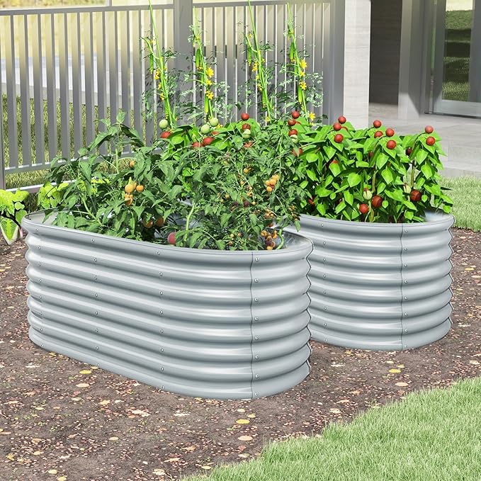 Giantex 5x3x2ft Raised Garden Bed Large Metal Elevated Oval Planter Bed 193 Gallon Capacity Outdoor Planting Garden Box for Vegetable Flower Herb Grow (Grey)