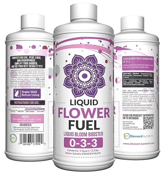Liquid Flower Fuel 0-3-3 - Bloom Booster Fertilizer for Fruiting and Flowering Plants - Better Yield and Larger Flowers - Concentrated Potassium and Phosphorus - Quart (32oz)
