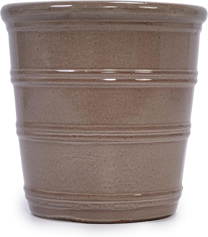 Handmade Ceramic Planter Set of 3 161310 Diameter Taupe with Horizontal Rings for Succulents Herbs IndoorOutdoor Use on Windowsill Shelf Breathable Clay