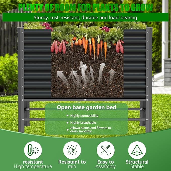 Doniks Raised Garden Bed with Legs 48×48×37in Large Outdoor Metal Galvanized Garden Planting Box1200lb Capacity for Vegetables Lawn Green Flowers Fruits Terrace