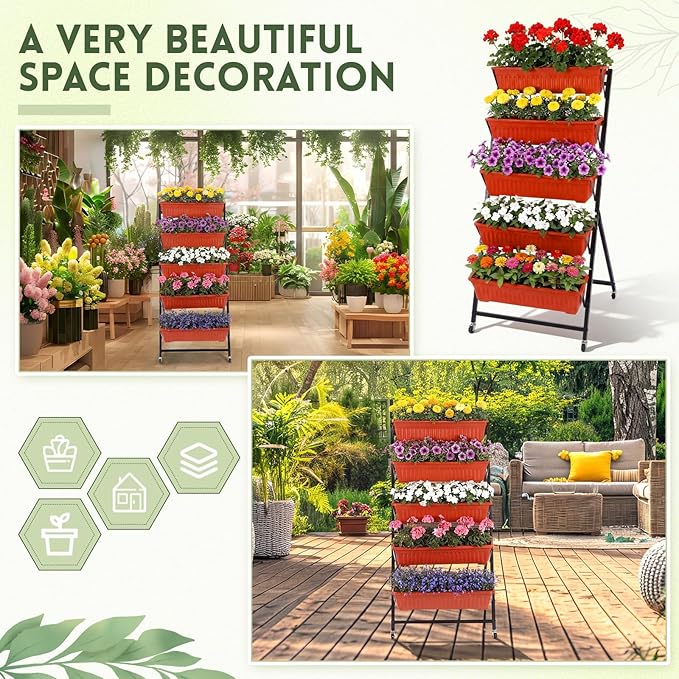 2 Pack 5 Tier Vertical Garden Planter with Wheels 4.5 ft Raised Garden Bed for Strawberry Herb Vegetable Flower Stackable Planter Boxes with Drainage for Patio Indoor Outdoor(Brick Red)