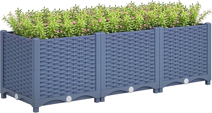 Outsunny 4 x 1 x 1 ft Raised Garden Bed Indoor Outdoor Plastic Planter Box with Drainage Holes Drain Plugs and Water Reservoirs for Vegetables Herbs Flowers &amp Succulents Blue