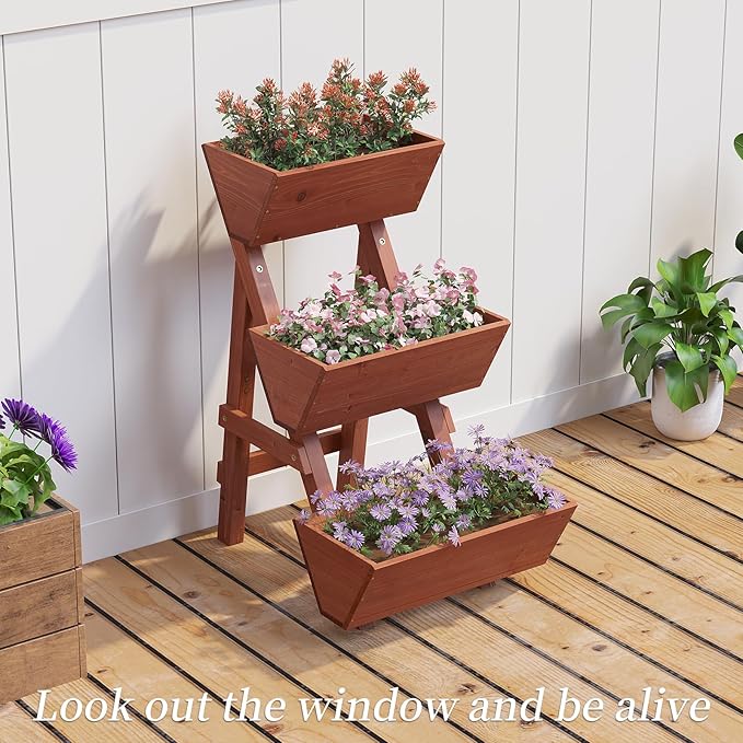 3-Tiers Wooden Raised Garden BedWood Planter Box for VegetableFlower RackFlower Pot StandsIndoor Outdoor Gardening Planting Beds (Brick red Small)