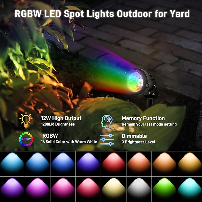 Halloween Christmas Outdoor Spotlights12W RGBW Colors Changing Landscape Spotlight with Remote Control IP65 Waterproof 110V LED Spotlight Indoor with US Plug for Yard Garden House (2Pack)