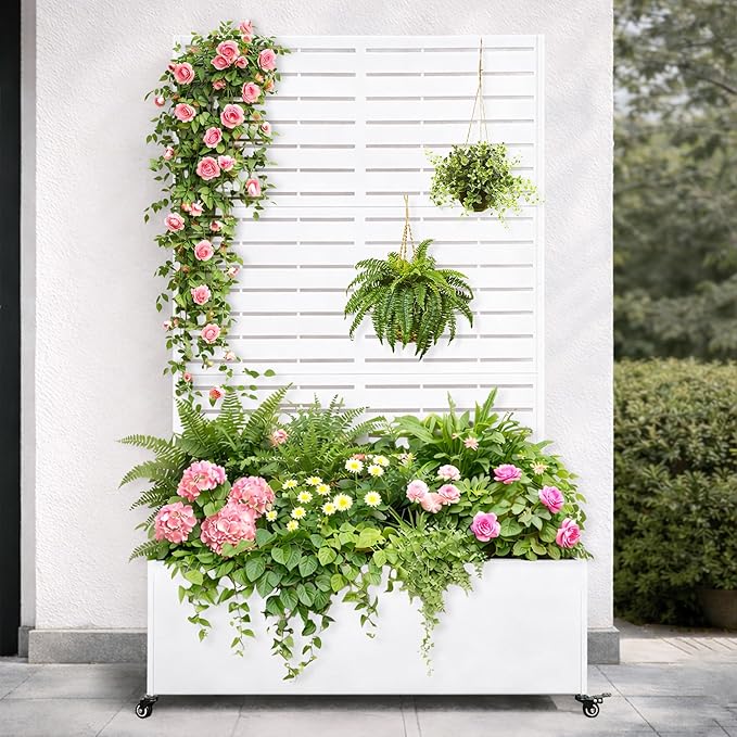 Metal Planter Box with Trellis 43” L x 16” W x 71” H Raised Garden Bed with Wheels Privacy Planters for Patio Metal Planter Box with Drainage Holes White