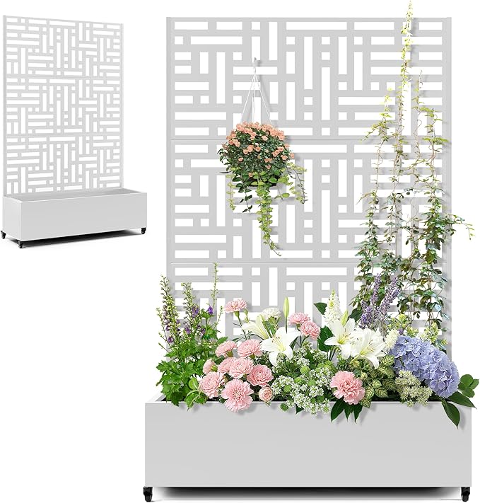 Large Raised Garden Beds with Trellis &amp Wheels Metal Planter Box with Privacy Screen for Climbing Plants Vegetables Fruits 47L Garden Boxes Outdoor with Drainage Holes (White Street)