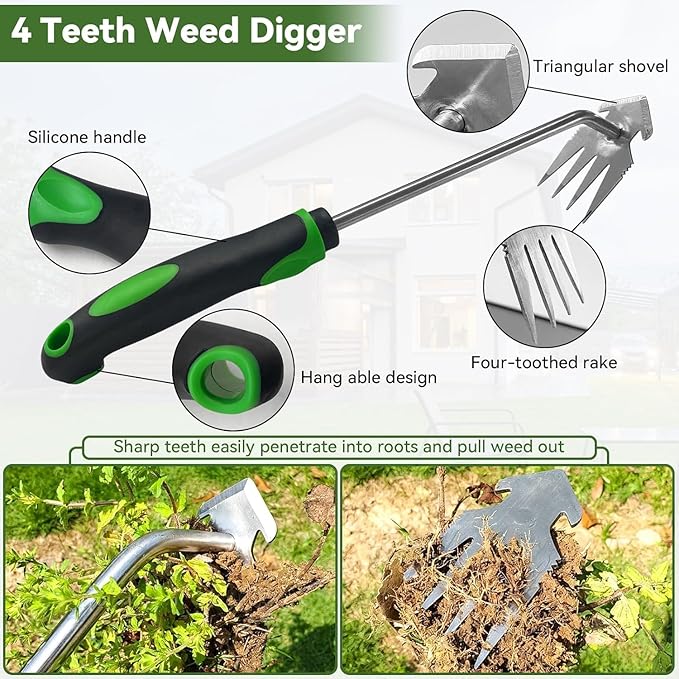 Stand Up Hand Weeding Tool Set Heavy Duty Stainless Steel Weed Puller for Lawn &amp Garden with 4-Claw Digger Crack Weeder and Ergonomic Rubber Handle Manual 3 Pieces