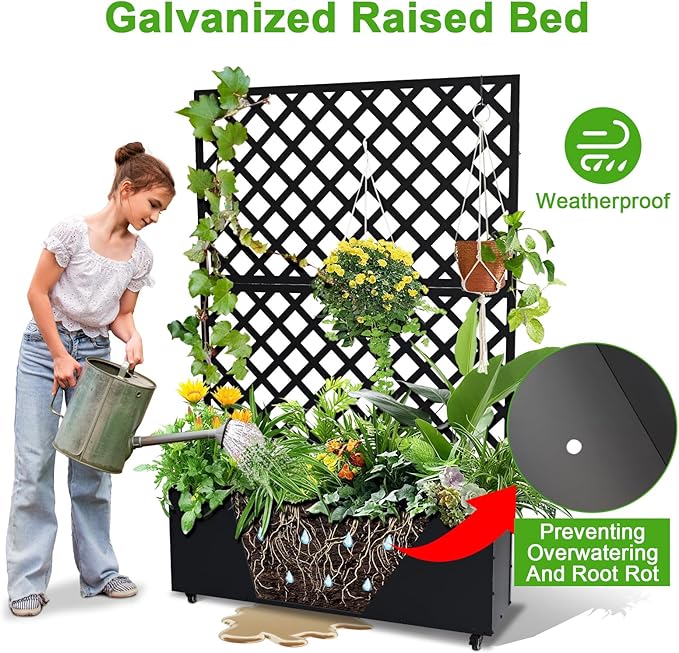Metal Raised Garden Bed with Trellis &amp Wheels 72.83x46.46x11.81 Galvanized Metal Planter Box with Drainage Holes &amp Privacy Screen for Patio Balcony Climbing Plants Flowers Vegetable Black