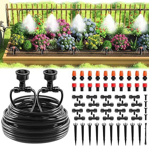 MIXC Drip Irrigation System 50 FT Quick Connector Garden Watering System Automatic Sprinkler Kit for Lawn Raised Bed Outdoor Plants Greenhouse with 1/4'' Tubing Drip Emitters Misting Nozzles