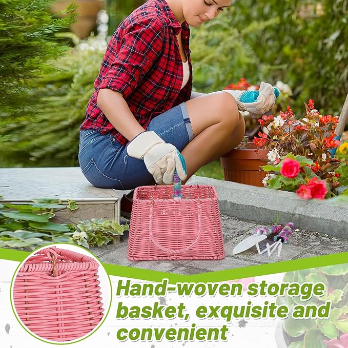 Gardening Gifts for Women Gardeners - Garden Tools Set with Woven Basket Gardening Kit with Trowel Pruning Shears Weeding Knife Hand Rake Gardening Tools for Mom Grandma Birthday Gifts Pink