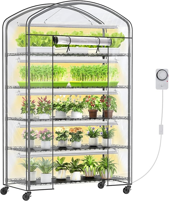 5 Tier Metal Plant Stand with Grow Light &amp PVC Cover Portable Mini Greenhouse with Shelves Adjustable Small Indoor Green House with Grow Light for Indoor Plants Seedling Rack 49x21.6x79